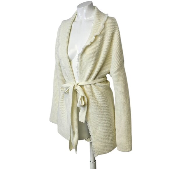 FRYE Womens Salt Breeze Cardigan, Large, Cream, Soft Knit Fringe, Tie Waist - Picture 3 of 9